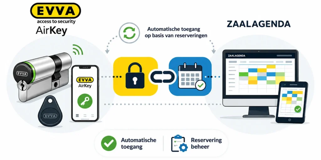 Evva - Zaalagenda 2 Een schematische weergave van een online zaalreserveringssysteem. Toont een kalender met gekleurde blokken die reserveringen voorstellen, een laptopscherm met een factuur, en een smartphone met de Zaalagenda app. Tekst: 'Zaalagenda: Uw online assistent voor zaalreserveringen